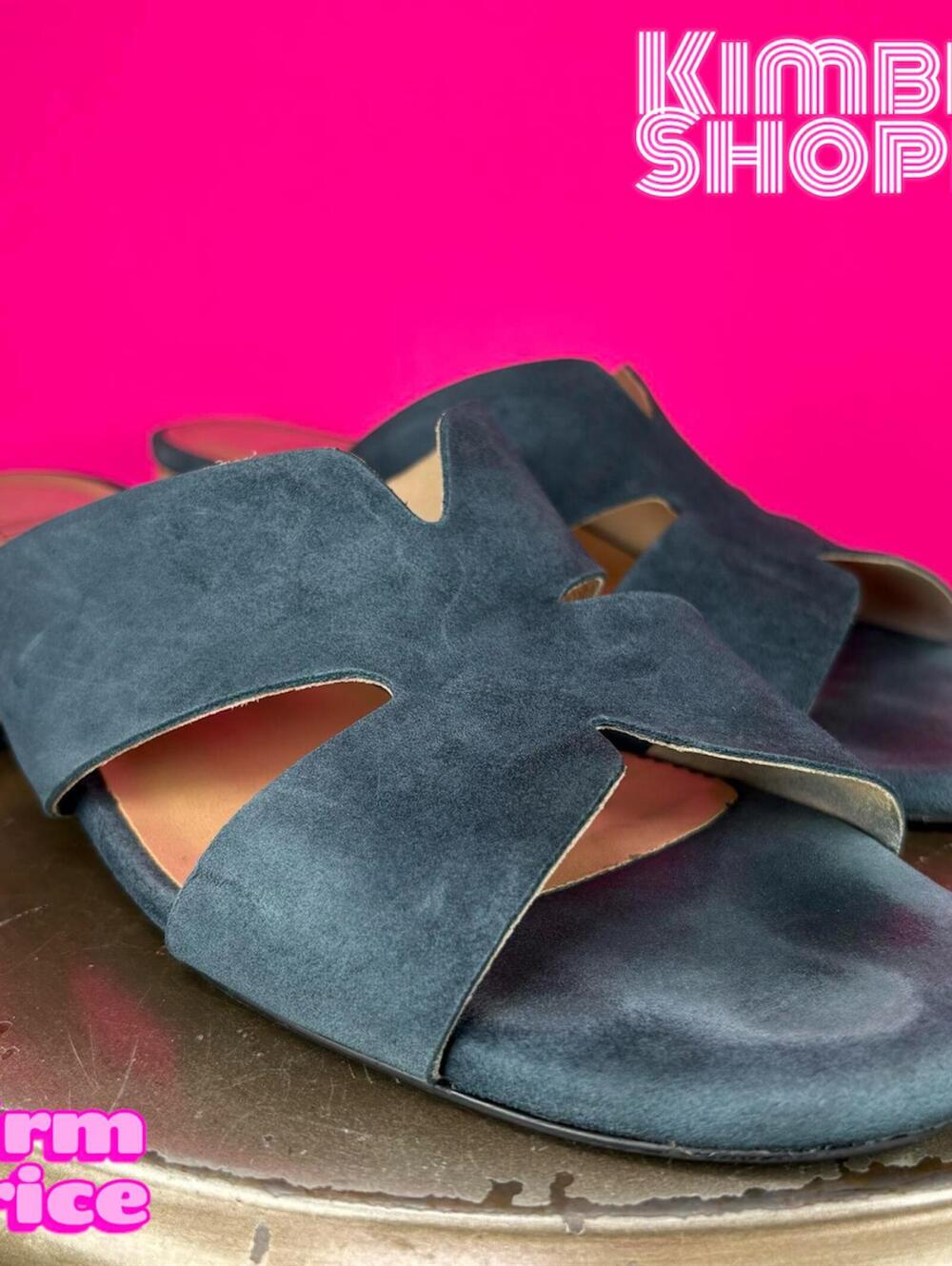 Jildor Blue Suede Cork Heel Open Toe Slip-On Sandal US 9